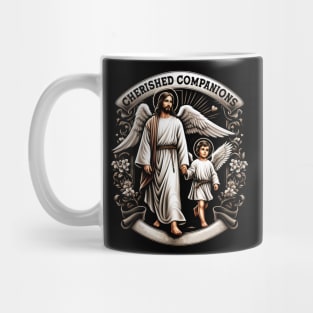 Cherished Companions, Jesus walking hand in hand with a single cherub angel Mug